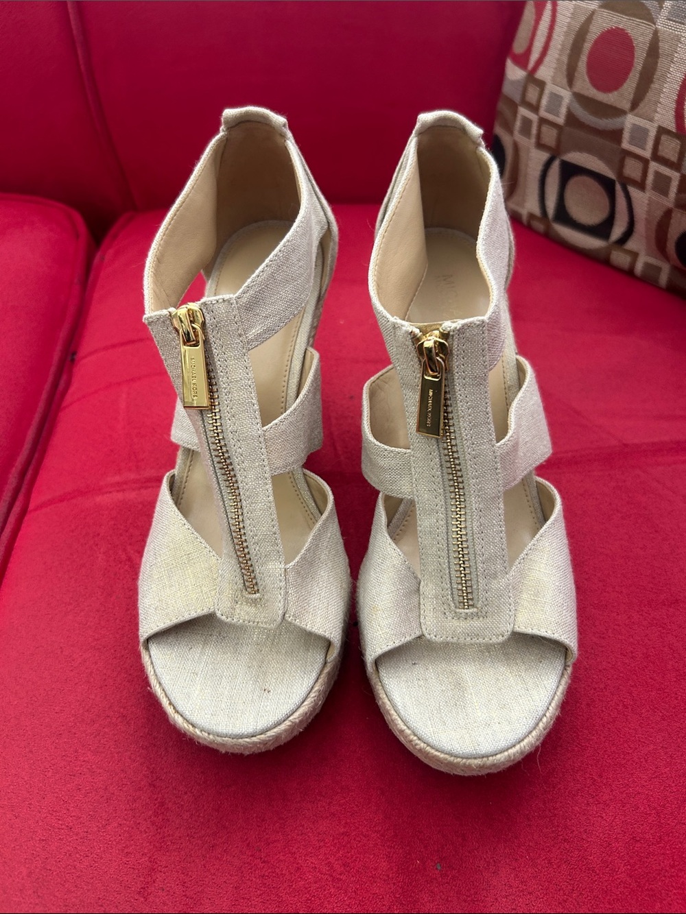 Michael Kors Beige Espadrille Wedge Sandals with Front Gold Zip